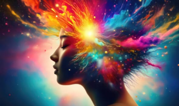 Woman surrounded by vibrant, flowing colors emanating from head, as a burst of creative energy or thoughts. Striking dynamic effect of creativity and rich imagination. Multipolar disorder concept