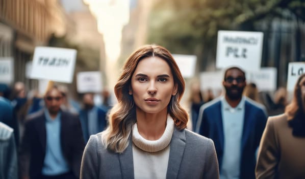 Inequality social problem with a young woman leading a group of protesters in the street holding rally banner. Public demonstration against community issues, laws and politics