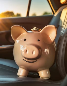 Piggy bank placed on the seat inside a car. Saving money for a new vehicle. Economic investment in transportation