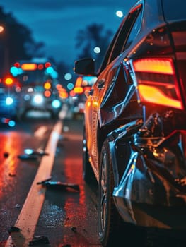 Close-up of a car accident scene on a wet city street at dusk, with debris and damaged vehicles