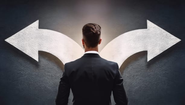Rear view doubtful businessman in front of a split wall with arrows pointing on two different directions. Choose between left and right sides, business failure or success concept