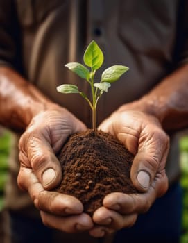 Senior gardener hands holding fertile soil with grown green seedling. Closeup old man palms planting a fresh sapling. Bio food supply as global agriculture issue. Hunger and malnutrition problems