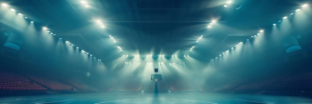 An expansive, glowing basketball court surrounded by towering lights, creating a futuristic and mesmerizing scene