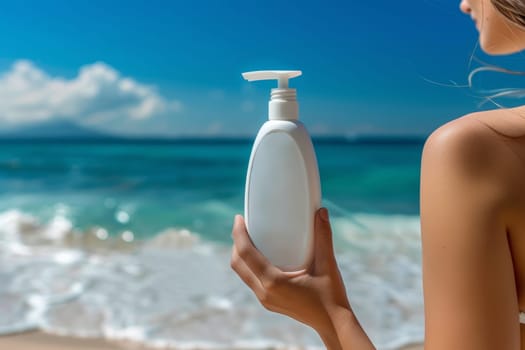 A hand holds a bright white sunscreen bottle against the backdrop of a tranquil, turquoise ocean with a scenic, tropical horizon