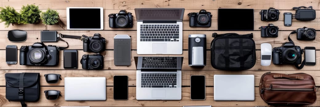 A workspace filled with an array of photography equipment, including cameras, lenses, laptops, and other accessories, showcasing the tools of the trade for creative visual professionals