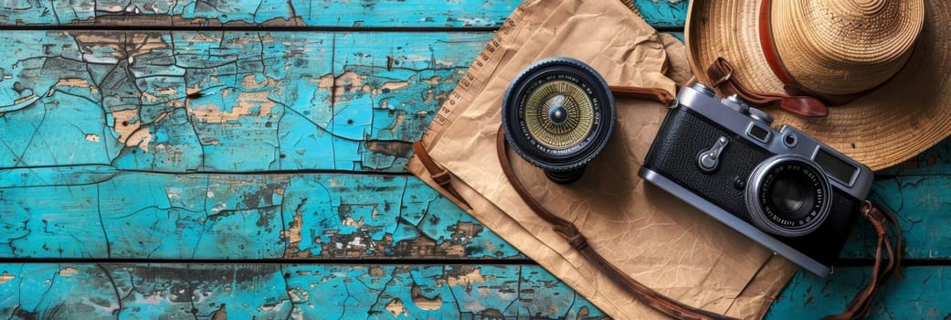 A vintage camera and compass rest atop a weathered map, evoking a sense of adventure and exploration through travel with copy space.
