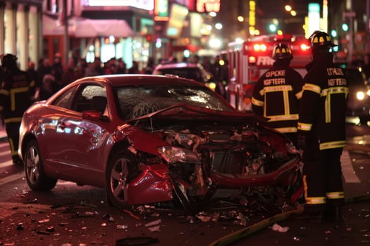 A severely damaged red car lies in the middle of a busy city street, surrounded by emergency responders and onlookers, highlighting the aftermath of a serious traffic collision at night