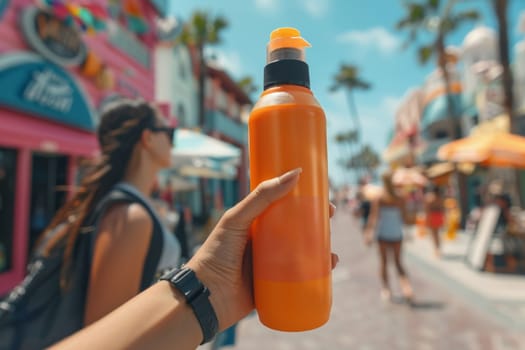 A woman in casual summer attire applies sunscreen while surrounded by the vibrant colors and energy of a lively beach scene