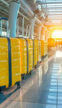 Rows of bright yellow suitcases and bags stand ready in a modern airport terminal, creating a vibrant and organized scene as travelers prepare for their journeys