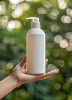 A hand holds a tube of moisturizing cream against a backdrop of vibrant, blurred green foliage, suggesting a natural, botanical skincare product