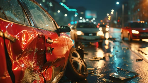 A severely damaged car stands amidst the colorful lights and reflections of a rainy city street, creating a dramatic nighttime scene