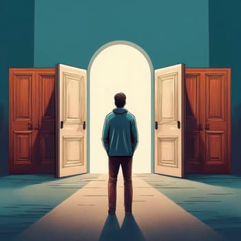 Rear view man in front of multiple doors choosing the one from the middle. Difficult decision for different paths and opportunities, choice concept
