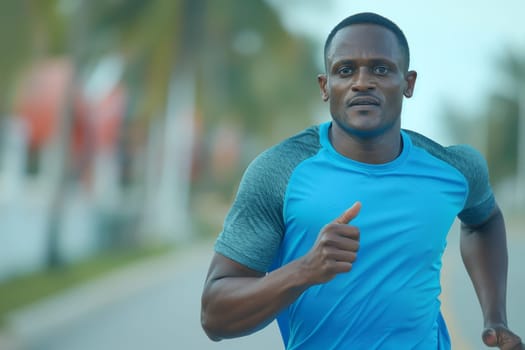 A determined African runner in a black shirt and shorts competes in an urban road race, navigating the busy city streets.