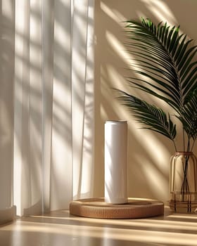 A simple, clean-lined white can stands out against a softly flowing, textured fabric background with muted tones and abstract patterns