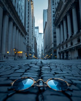 Vibrant city lights and skyscrapers are seen through a pair of eyeglasses, creating a unique and atmospheric perspective on the urban landscape