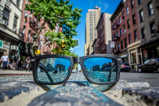 A pair of sunglasses lying casually on top of a concrete sidewalk under the sun.