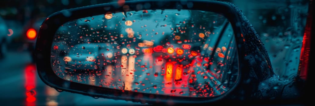 The vibrant sunset is beautifully reflected in the sideview mirror of a car, creating a serene and atmospheric driving scene