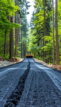 A large asphalt paving machine is shown in action, smoothing and compacting a freshly laid road surface to create a durable and even finish