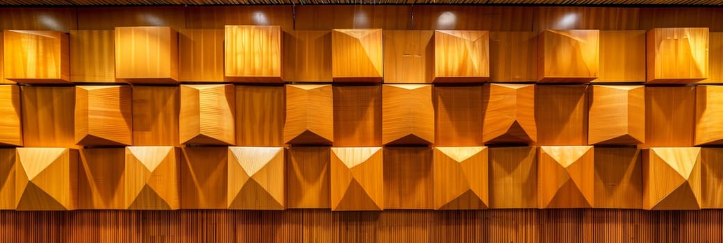 An abstract, geometric wall art piece composed of interlocking wooden blocks in various shades of beige, creating a visually striking and textural display.