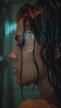 A woman with long, dark hair undergoes a pampering hair treatment, her face relaxed and serene as she experiences the rejuvenating effects of the product