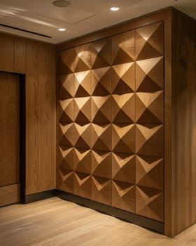 A striking geometric wooden wall paneling design with triangular patterns creates a warm, textured, and visually intriguing focal point in this elegant interior space