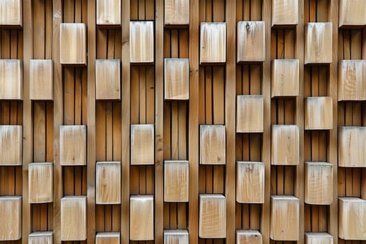 An abstract, geometric wall art piece composed of interlocking wooden blocks in various shades of beige, creating a visually striking and textural display.