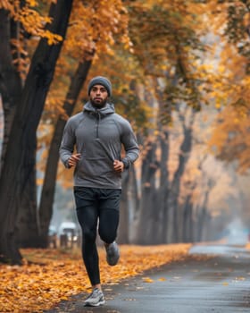 A man jogs through a vibrant autumn forest, surrounded by the warm hues of changing leaves and the serene natural setting