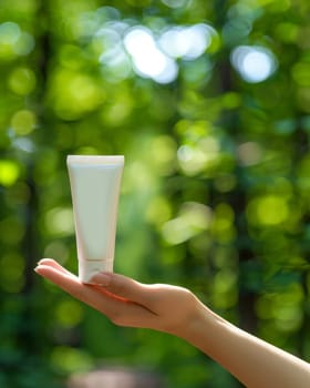 A hand holds a tube of moisturizing cream against a backdrop of vibrant, blurred green foliage, suggesting a natural, botanical skincare product