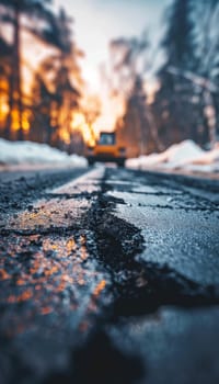 A low-angle view of a cracked asphalt road in winter with a blurred construction vehicle and trees in the background, captured during a sunset or sunrise