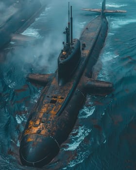 A rugged and weathered military submarine navigates the turbulent, foaming waters of a stormy ocean, conveying a sense of power, resilience and the harsh realities of naval operations