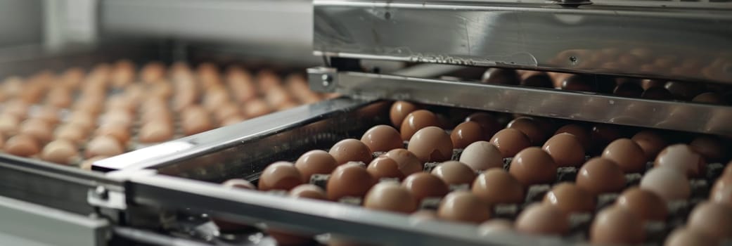 A tray filled with freshly baked eggs sits in a commercial kitchen, ready to be served. The eggs have a golden-brown hue, indicating they have been perfectly cooked