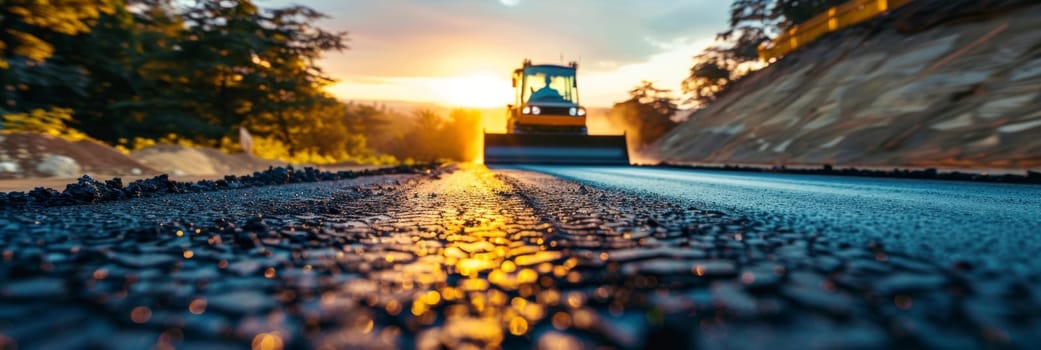 A heavy construction vehicle plows down a rural road at sunset, the warm glow of the evening light casting a vibrant reflection on the freshly graded surface