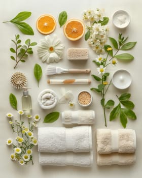 An array of natural botanicals, including fresh citrus slices, fragrant flowers, and soothing bath accessories, create a tranquil spa-like atmosphere, inviting relaxation and rejuvenation