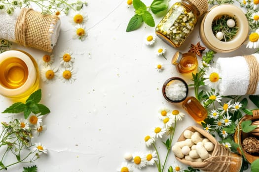 A white background with a variety of herbs and flowers, including dill, lavender, and chamomile