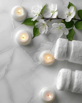 A tranquil spa-like setting with glowing candles, delicate white flowers, and soft towels, creating a calming and rejuvenating atmosphere