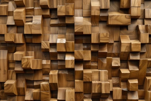 An abstract, geometric wall art piece composed of interlocking wooden blocks in various shades of beige, creating a visually striking and textural display.