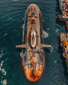 A massive, rusting nuclear submarine emerges from the turbulent, swirling waters of the open ocean, its imposing silhouette cutting through the waves