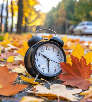 An alarm clock rests on the side of a road, surrounded by fallen leaves.