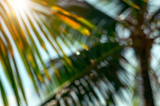 Idyllic tropical landscape with palm trees and glowing sun, creating a serene ambiance