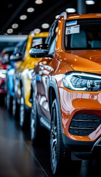 A brightly lit car showroom with a variety of new cars on display