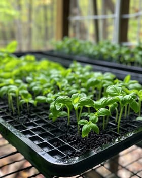 A lush, verdant herb garden flourishes within the sheltered confines of a greenhouse, its vibrant green leaves and delicate stems creating a serene, natural tableau