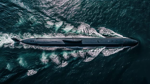 A sleek and formidable military submarine gracefully navigates the vibrant turquoise waters, leaving a trail of white-capped waves in its wake as it cuts through the serene ocean expanse