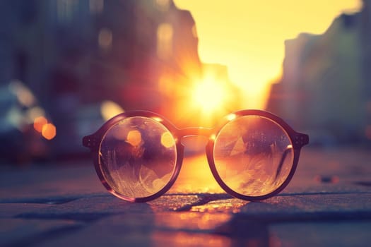 A pair of eyeglasses reflects the vibrant colors of a stunning sunset, creating a captivating and artistic image that captures the beauty of nature and the power of light.
