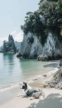A tranquil cove with towering, rocky cliffs is framed by lush, verdant foliage. In the foreground, a playful dog relaxes on the sandy shore, creating a serene and picturesque scene