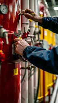 Hands of a technician using a wrench to repair a red industrial machine or equipment, surrounded by a yellow and red environment