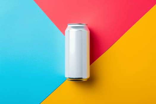 A striking abstract composition featuring a white beverage can set against a vibrant backdrop of bold, contrasting colors and textures