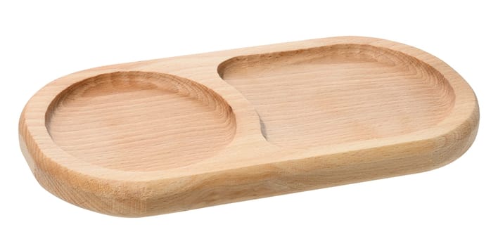 Wooden oval empty board for serving food on isolated background