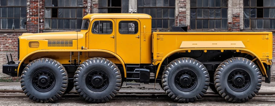 A massive, yellow construction truck with large, rugged tires stands ready to tackle tough jobs on the worksite