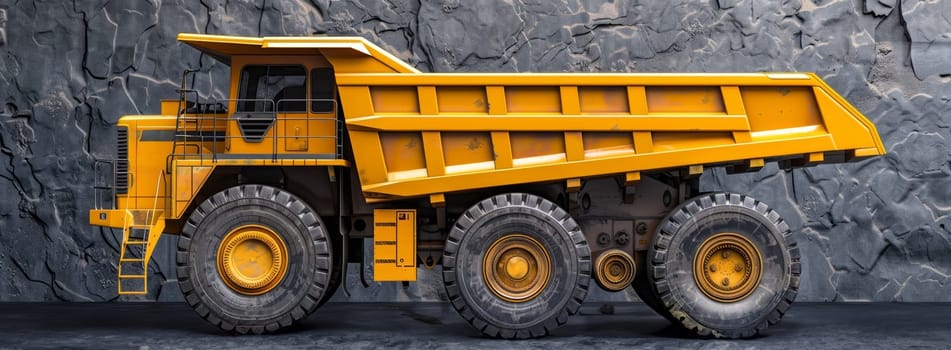 A massive, yellow dump truck navigates through a rugged, rocky quarry landscape, showcasing its power and capability to handle challenging terrain