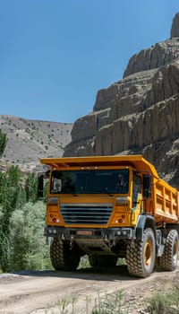 A massive yellow dump truck navigates through a rugged, rocky landscape, showcasing its power and capability to handle challenging terrain